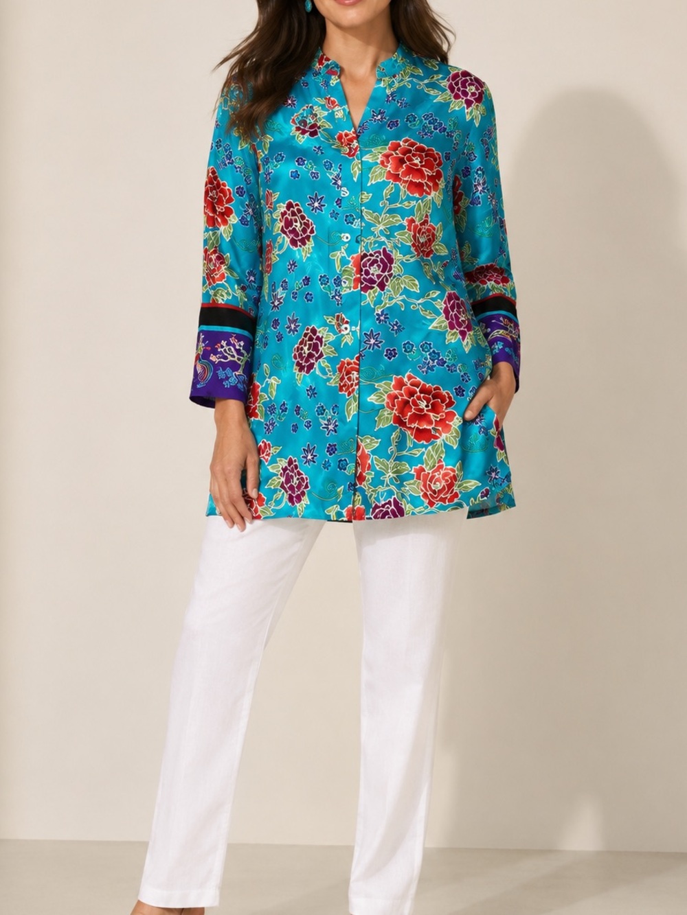 Chico’s 100% Silk Asian Print Tunic Blouse Colorful Statement Art to Wear